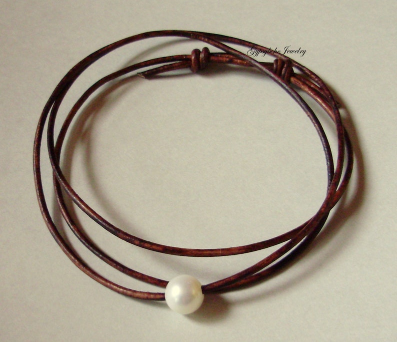Custom Single Pearl Leather CHOKER Necklace Sliding Knots Pearl Choker Wrap Bracelet Floating Large White Freshwater Pearl Choker 010