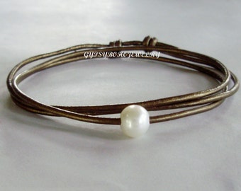 Custom Pearl Leather / Necklace CHOKER / Wrap Bracelet Sliding Knot  Floating Large White Freshwater Pearl Leather Choker - PICK Color  010