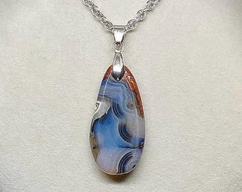 Handmade Blue Banded Agate Necklace: Natural Gemstone Pendant, Stainless Steel Chain