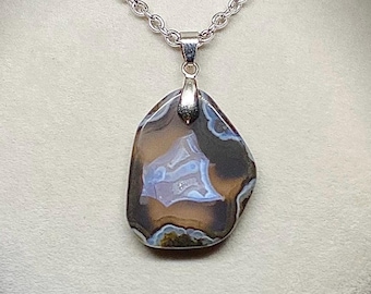 Handmade Blue Banded Agate Pendant Necklace: Stainless Steel Chain