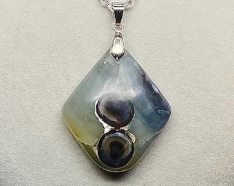 Handmade Banded Agate Pendant Necklace: Black Eyes Stone, Stainless Steel Chain