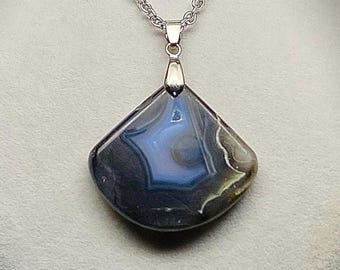 Blue Banded Agate Pendant Necklace Handmade Jewelry Gift Natural Gemstone with Stainless Steel Chain