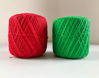 Vintage Cotton Thread Tatting Lace Crocheting Doily Making Christmas Colors Green Red Jumbo Balls Set Two Crafting Supplies