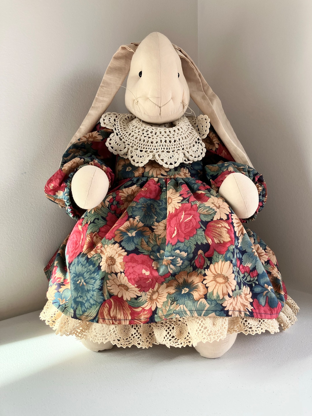 Vintage Large Stuffed Bunny Rabbit Animal Handmade Fabric Floral Dress ...