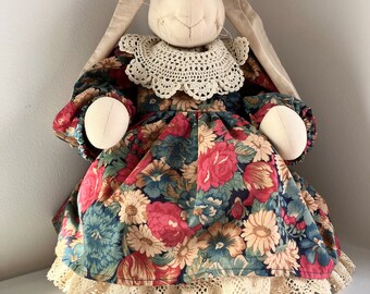 Vintage Large Stuffed Bunny Rabbit Animal Handmade Fabric Floral Dress Victorian Style Toy Easter Decor Gift For Her Girl Muted Colors