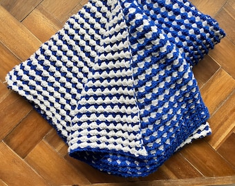 Vintage Afghan Crocheted Blanket Blue White Nautical Patriotic Home Decor Throw Lap