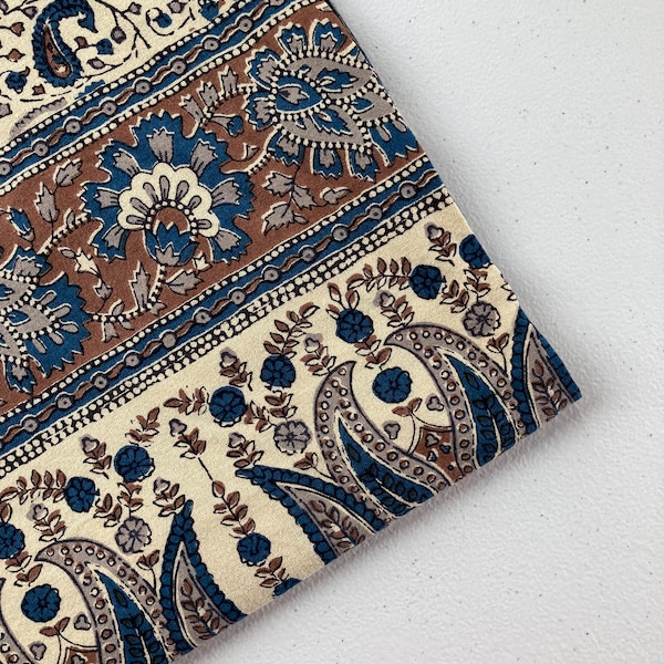 Reclaimed Fabric 100 Percent Cotton Paisley Mehndi Design Brown Blue Cream Bedding Quilt Top Coverlet Curtains Table Cloth Sewing Quilting