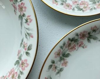 Vintage Dinnerware Noritake China Peach Flowers Green Gray Leaves Gold Rimmed Made in Japan Salad Bread Butter Dessert Plates Bowls