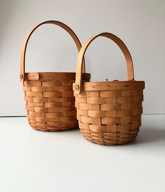 Vintage Longaberger Basket Round Woven Wooden Handle Storage Organization Home Decor