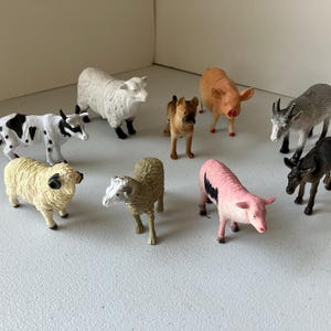 Vintage Plastic Farm Animals Set Nine Play Toys Sheep Cow Pig Goat Donkey Dog