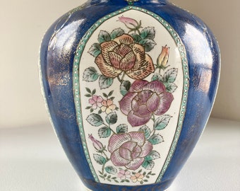 Vintage Asian Vase Roses Floral Flowers Botanical Decorative Jewels Blue Home Decor Ceramic Hand Painted