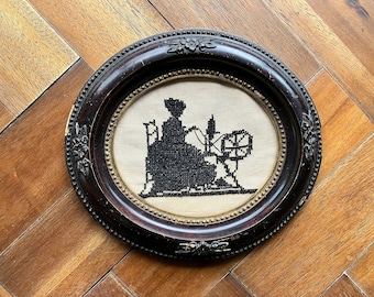 Vintage Antique Cross Stitch Art Wall Hanging Framed Oval Woman Spinning Wheel Black Linen Stitchery Rare Unique Gift For Collector