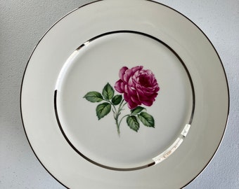 Vintage Embassy Vitrified China Dinner Plates Roses Silver Rimmed Set Eight 8 1940s Victorian Gift for Her Rose Lovers Weddings Events Party