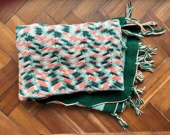 Vintage Afghan Blanket Lap Throw Crocheted Wool Yarn Heavy Warm Green Mint Coral White Home Decor Quiverreclaimed