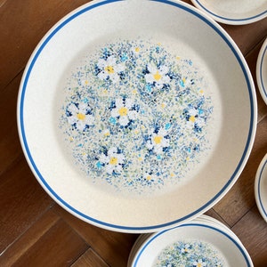 May include: A set of white ceramic dinner plates with a blue trim and a floral pattern of blue, white, and yellow flowers.
