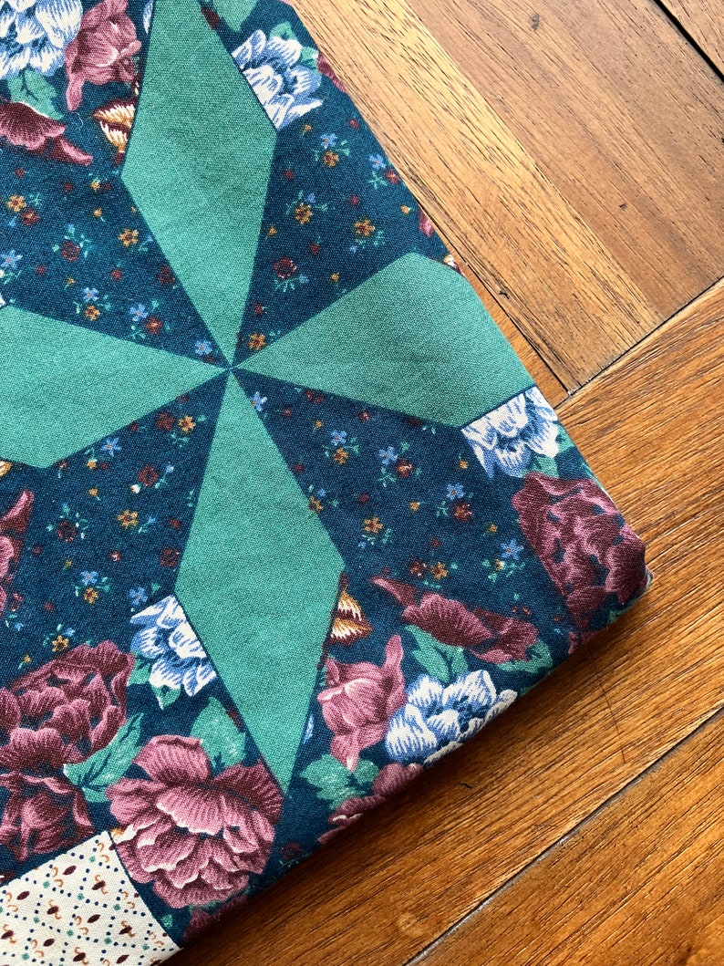 Vintage Fabric Pre-Printed Quilt Patchwork Triangles Calico Floral Blue Maroon Quilting Sewing Supplies By the Yard Yardage Quiverreclaimed image 2