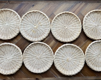 Vintage Wicker Paper Plate Holders Baskets Set Eight Round Picnics Outdoors BBQ Parties Events