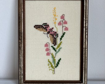 Vintage Framed Wall Art Cross Stitched Botanical Floral Flowers Butterfly Home Decor 1980s Gift For Her Retro MCM