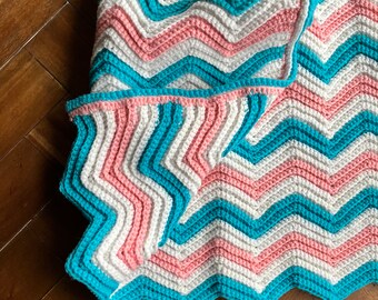 Vintage Baby Blanket Crocheted Ripple Chevron Aqua Blue White Pink Gift for him her Unisex Christening Shower Baptism Birth Nursery Decor