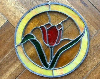 Vintage Sun Catcher Stained Glass Tulip Flower Red Yellow Green Spring Gift for Her Mom Grandmother Round Large Window Art Hanging