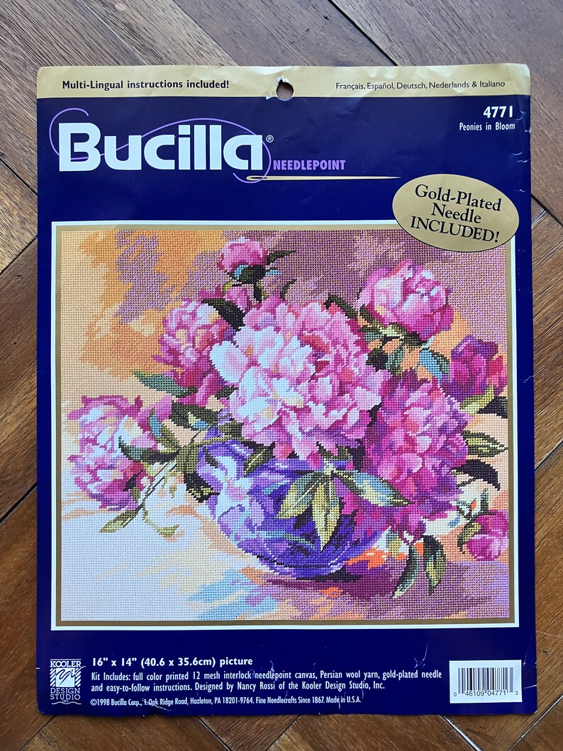 Vintage Needlepoint Kit Peonies Flowers Pinks 16x14 Multilingual