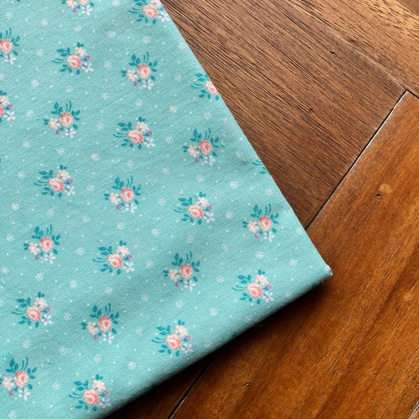Vintage Fabric Cotton Sewing Quilting Yardage By the Yard Calico Floral Aqua Pink Crafting Supplies Quiverreclaimed