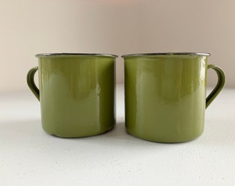 Vintage Enamel Mugs Set Two Camping Olive Green Kitchen Housewares Home Decor Quiverreclaimed