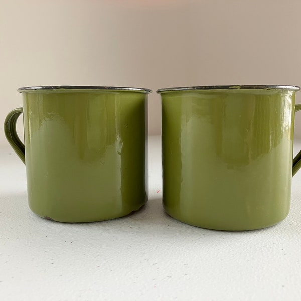 Vintage Enamel Mugs Set Two Camping Olive Green Kitchen Housewares Home Decor Quiverreclaimed