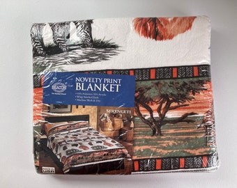 Vintage Blanket Novelty Print Serengeti African Animals Zebra Lion Elephant Polyester Acrylic Made USA Beacon Perma Nap Bedding Twin Childs