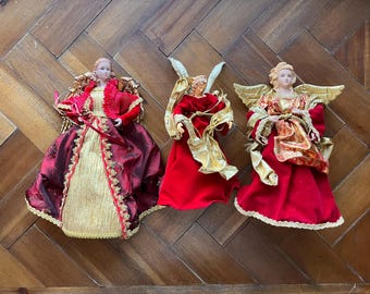 Vintage Christmas Tree Topper Angel Wings Paper Fabric Cloth Red Gold Unique Holiday Decor