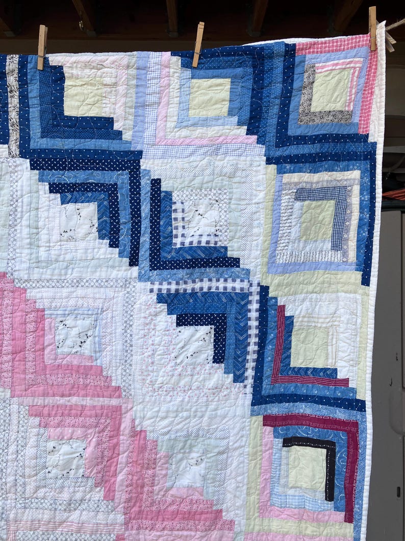 Vintage Quilt Log Cabin Barn Raising Design Blue White Pink Yellow Red ...