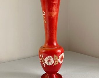 Vintage Mexican Vase Wood Carved Flowers Red Floral Home Decor Boho Retro