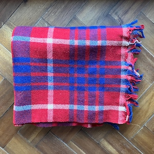 Vintage Wool Tartan Plaid Blanket Throw Lap Red Blue White Warm Stadium