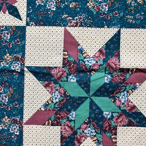 Vintage Fabric Pre-Printed Quilt Patchwork Triangles Calico Floral Blue Maroon Quilting Sewing Supplies By the Yard Yardage Quiverreclaimed image 5