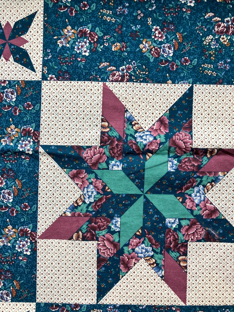 Vintage Fabric Pre-Printed Quilt Patchwork Triangles Calico Floral Blue Maroon Quilting Sewing Supplies By the Yard Yardage Quiverreclaimed image 5