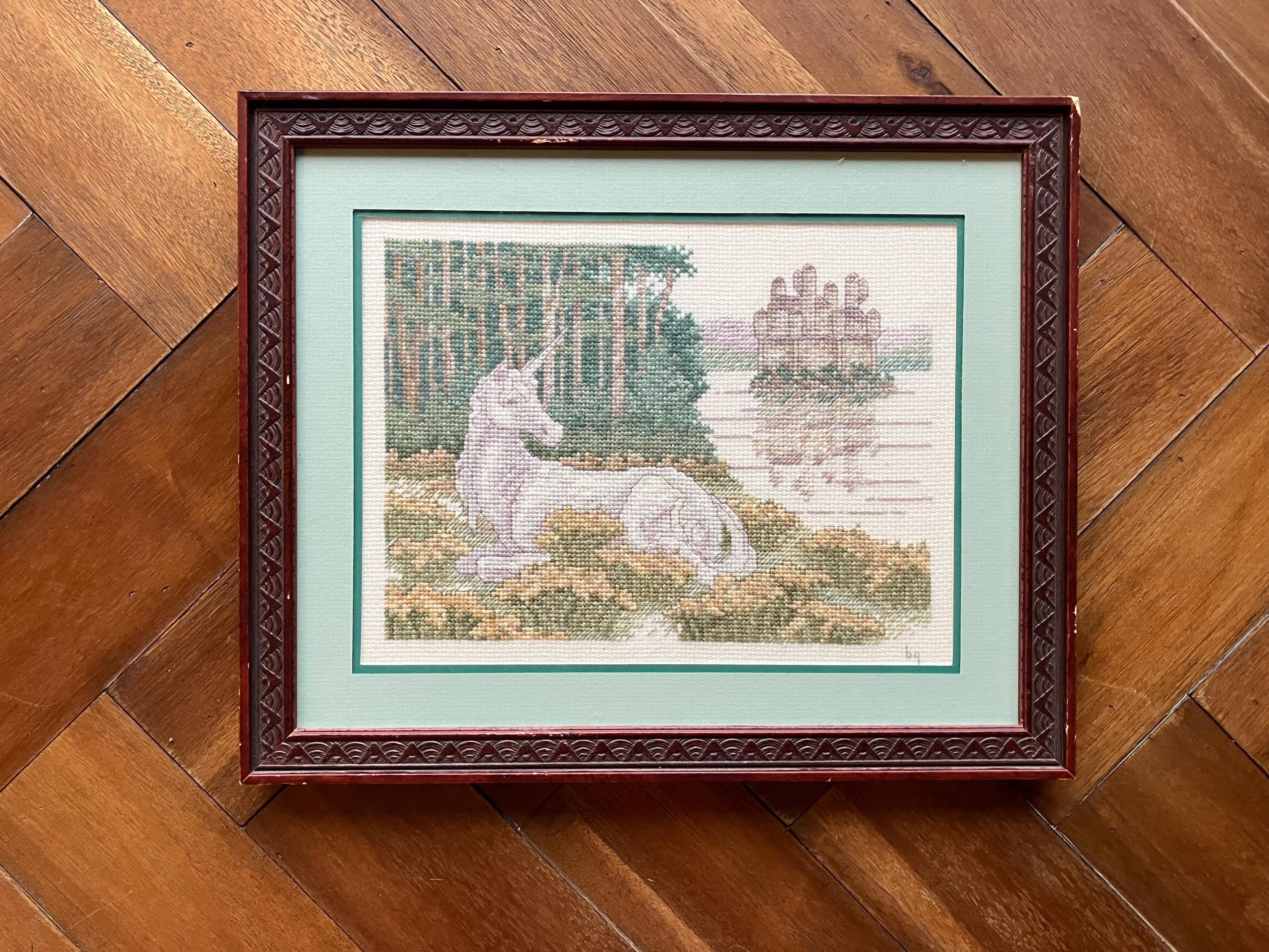 Vintage Stitchery Art Cross Stitch Unicorn Castle Forest Framed Children Girls Nursery Decor