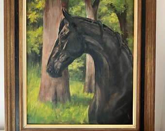 Vintage Art Original Oil Painting Black Horse Framed Woods Trees 16x20