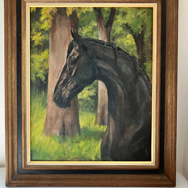 Vintage Art Original Oil Painting Black Horse Framed Woods Trees 16x20