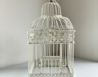 Vintage pájaro jaula metal alambre grande adornado de bodas blancas primavera verano jardín planta casa decoración cabaña