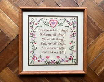 Vintage Cross Stitch Embroidery Wall Art Hanging Love 1 Corinthians 13 Bible Verse Christian Hearts Botanical Floral Framed Matted Handmade