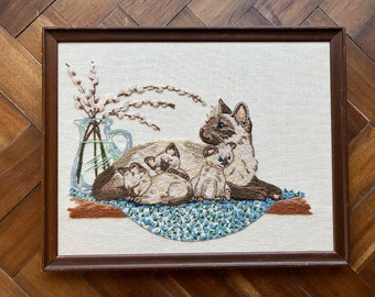 Vintage Crewel Art Embroidery Siamese Cats Mama Kittens Pussy Willows Framed Mid Century Stitchery