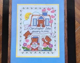 Vintage Counted Cross Stitch Kit Pattern Baby Birth Announcement Teddies in a Shoe Sampler Bucilla 11x14 Boy or Girl Stitchery Supplies