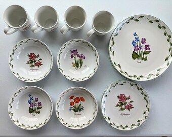 Vintage Four Piece Setting Dinnerware Lillian Vernon Botanical 1990s Iris Hydrangea Viola Violets Red Poppies Coffee Salad Dinner Plates