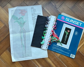 Vintage Counted Cross Stitch Kit A Single Rose Black Background Vase 6x16 Sunset Flowers Gift For Her Love Crafting Supplies