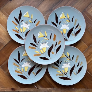 May include: Five light blue ceramic plates with a floral design. Each plate features a central white flower with yellow accents, brown leaves, and wheat-like details. The plates have a brown rim and are arranged on a wooden surface.
