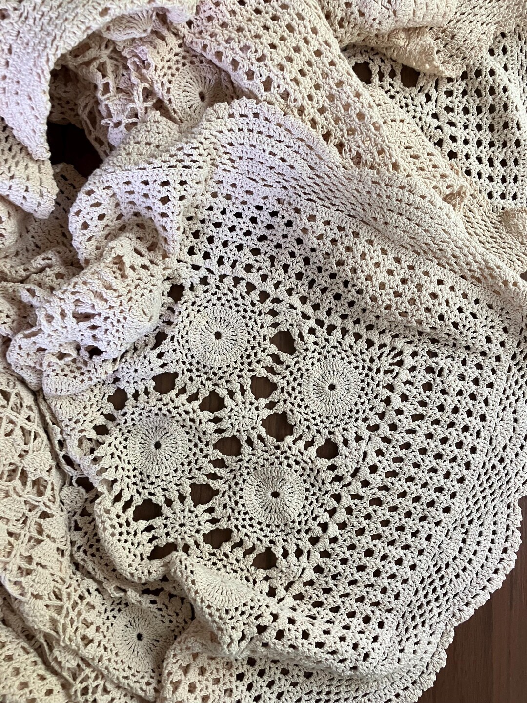 Vintage Table Cloth Crocheted Cotton Doily Ornate Ecru Beige Neutral ...