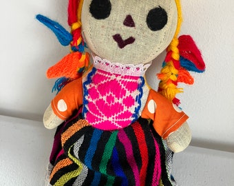 Vintage mexicana muñeca rellena Maria Lele rubia pecas vestido colorido brillante arte popular viaje regalo turístico para sus niñas niños hilo de juguete