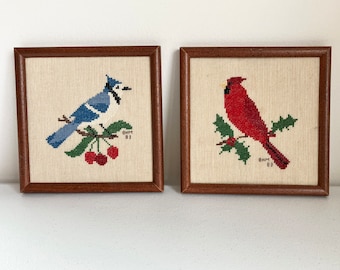 Vintage Framed Wall Art Cross Stitched Birds Cardinal Blue Jay Square Sold Separately Pair Set Home Decor Gift for Bird Lovers