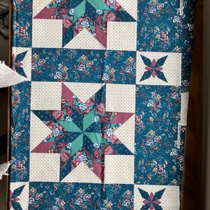 Vintage Fabric Pre-Printed Quilt Patchwork Triangles Calico Floral Blue Maroon Quilting Sewing Supplies By the Yard Yardage Quiverreclaimed image 1