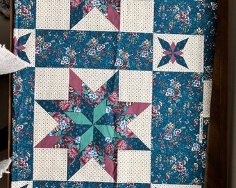 Vintage Fabric Pre-Printed Quilt Patchwork Triangles Calico Floral Blue Maroon Quilting Sewing Supplies By the Yard Yardage Quiverreclaimed